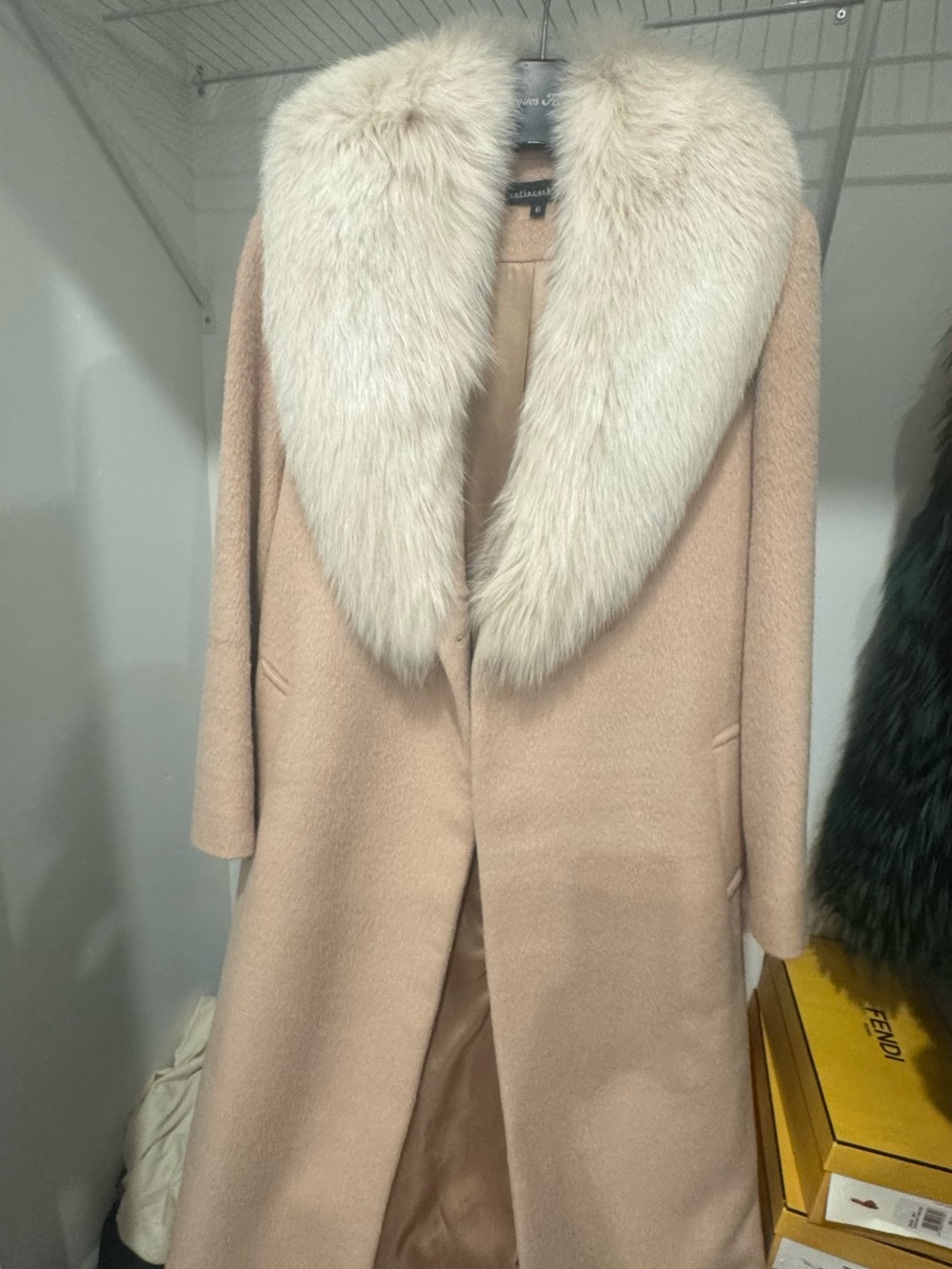 Sophiacashmere Wool Trench Coat with Ivory Fur Collar